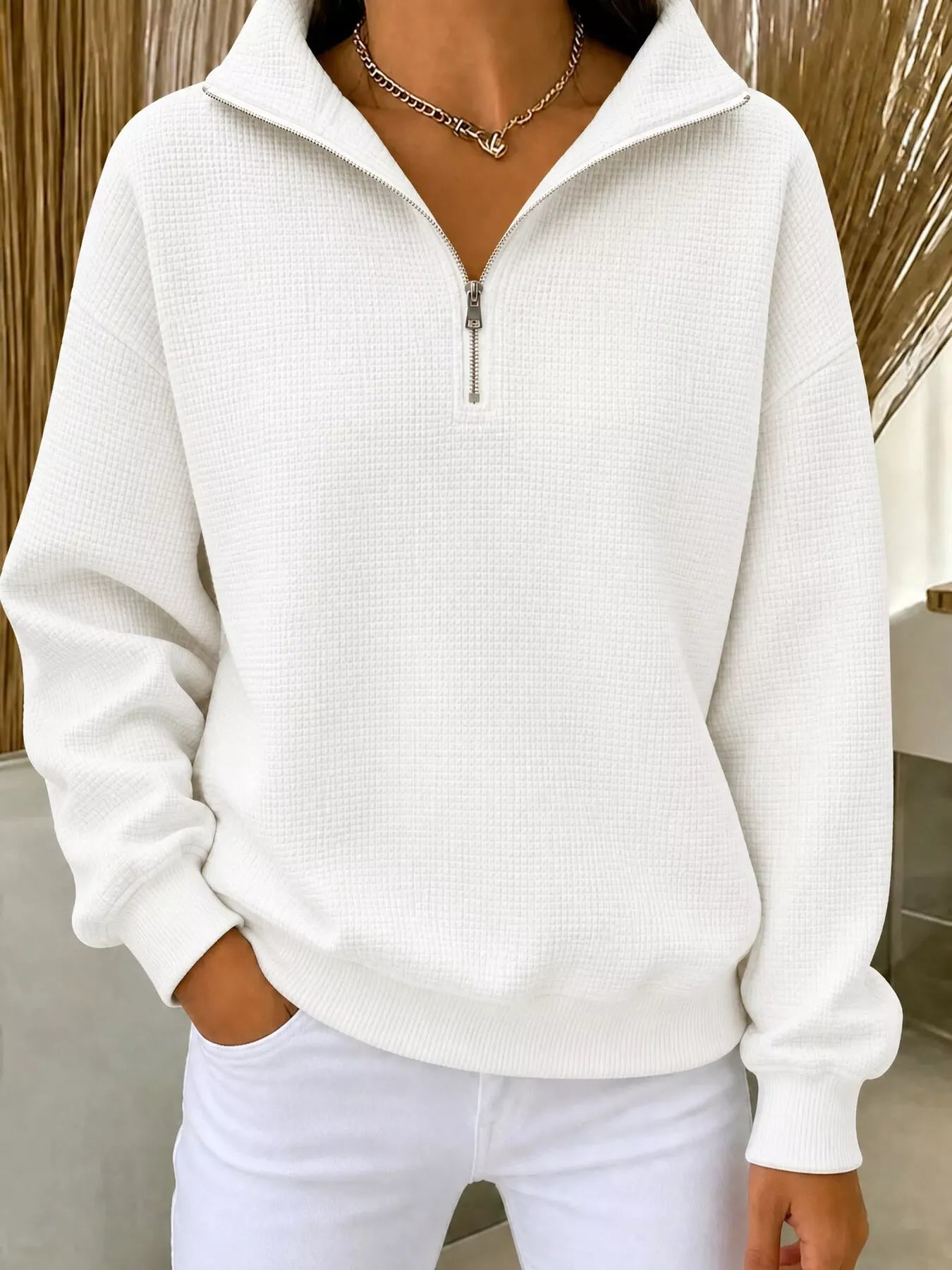 Trendsi Full Size Waffle Knit Quarter-Zip Sweatshirt Plus Size -