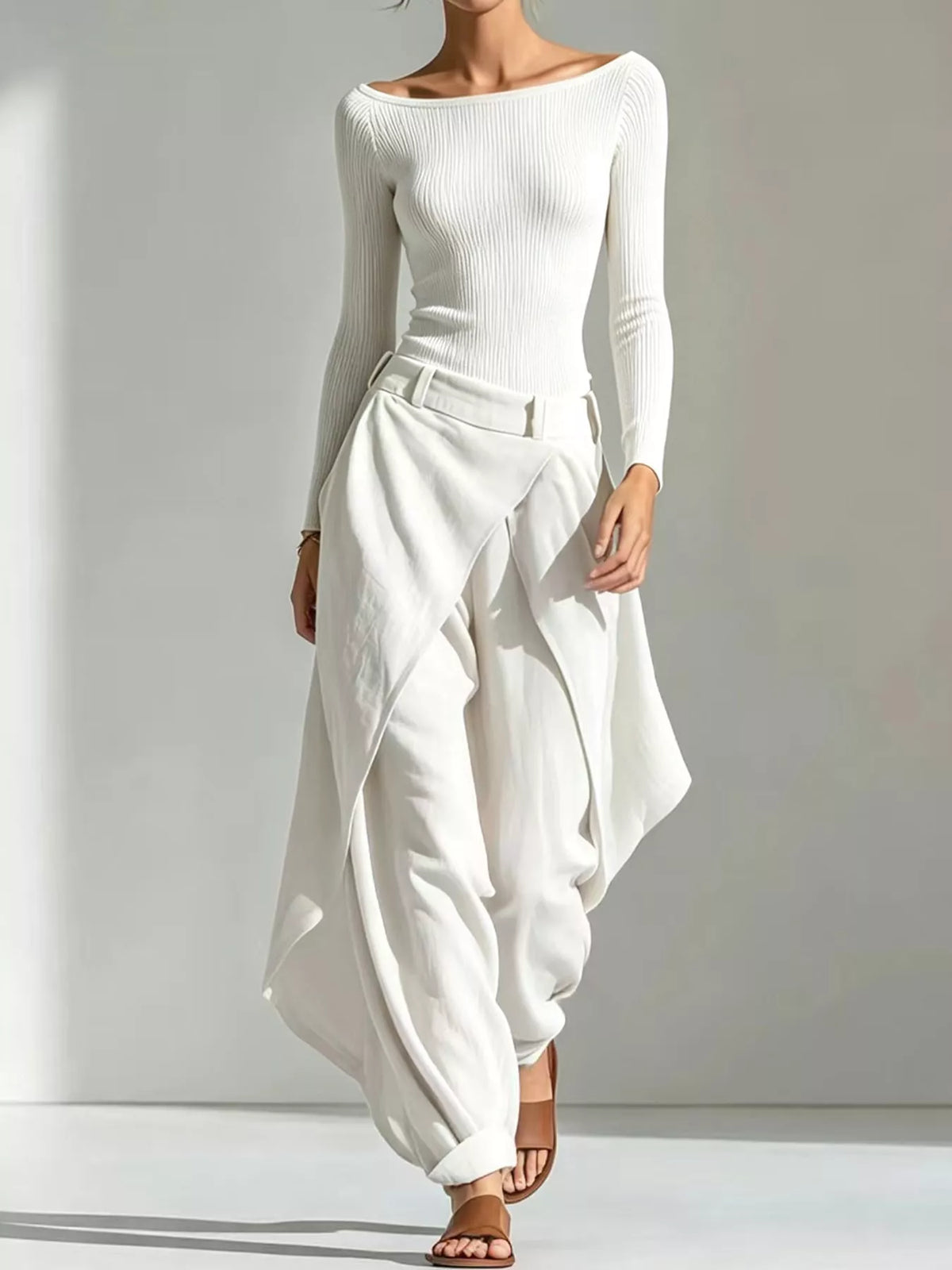 White boat neck long sleeve top and wrap pants set — front view