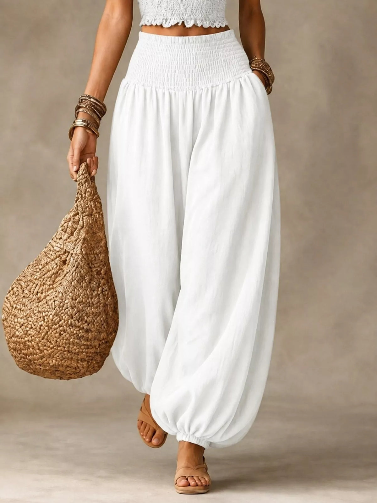 Women's Smocked Harem Pants in white — front view