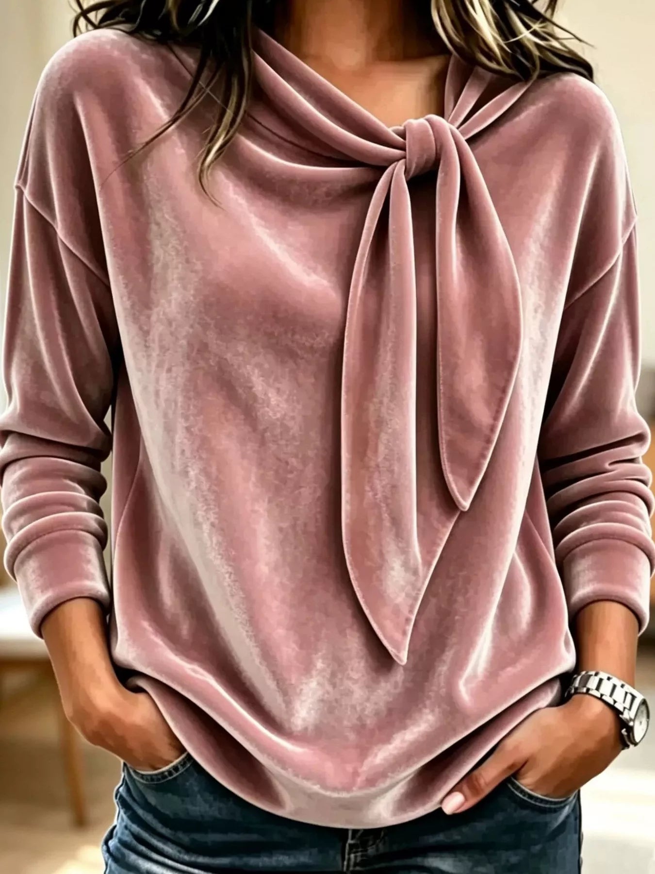 Trendsi Velvet Tie Front Long Sleeve Sweatshirt -
