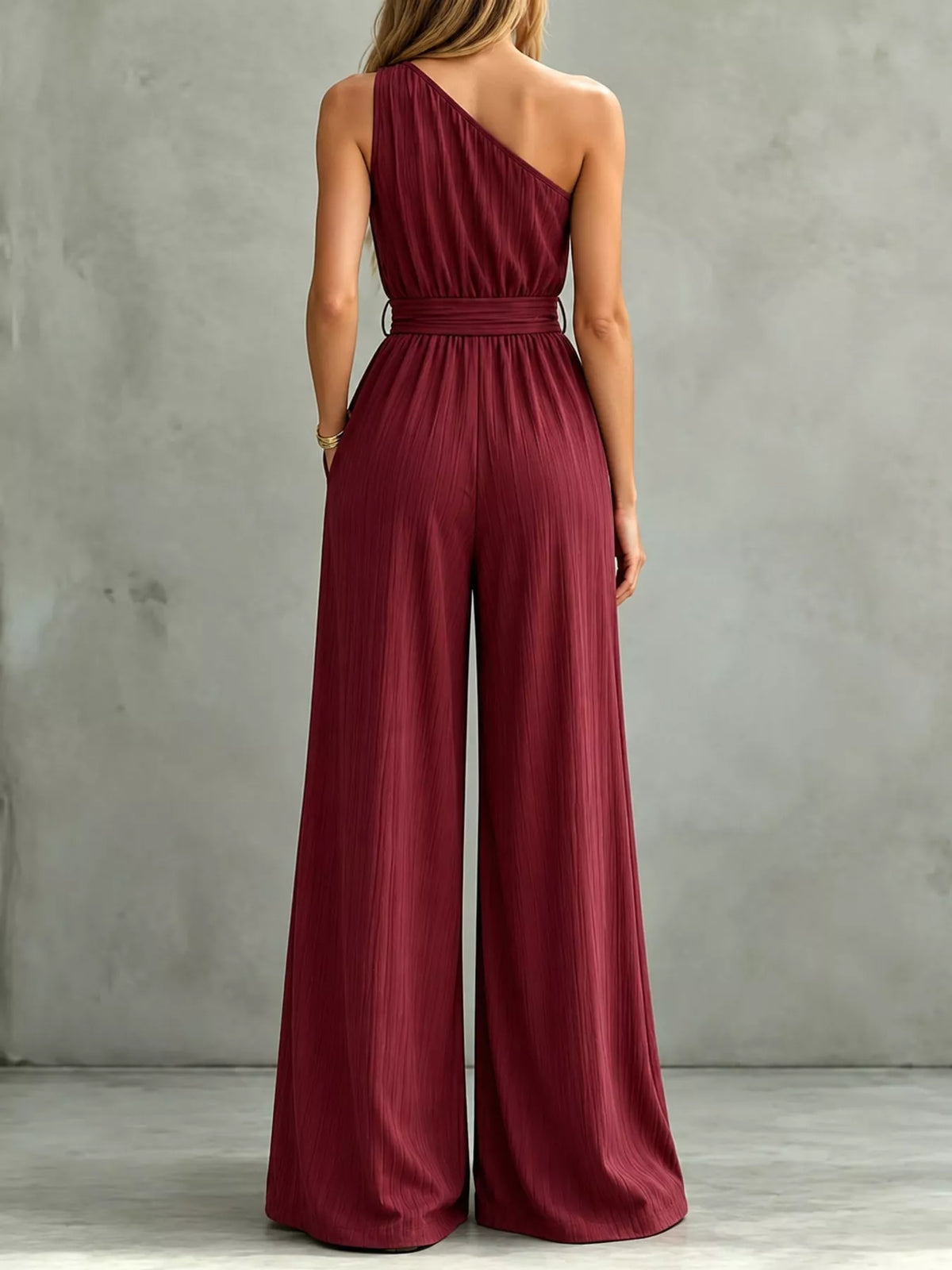 One-Shoulder Wide-Leg Jumpsuit in burgundy, back view