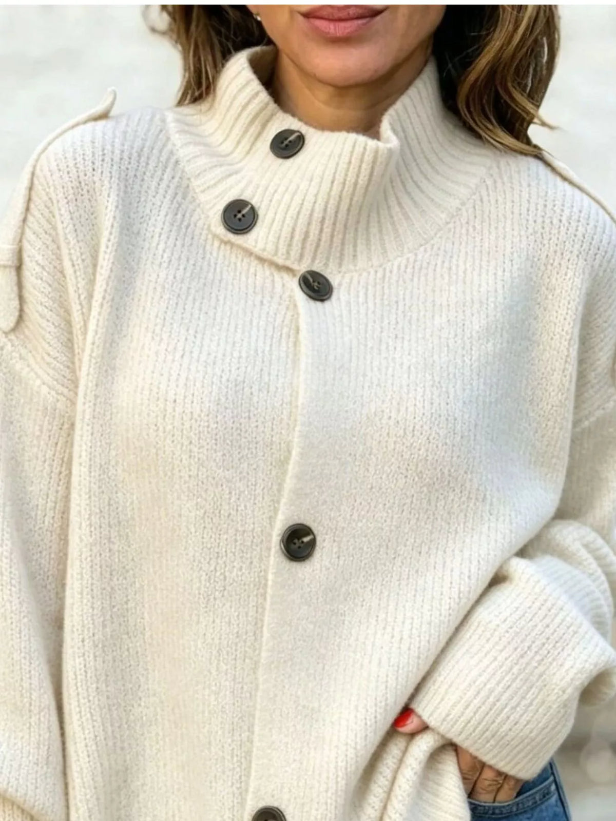 Mock neck long sleeve cardigan, construction and design details