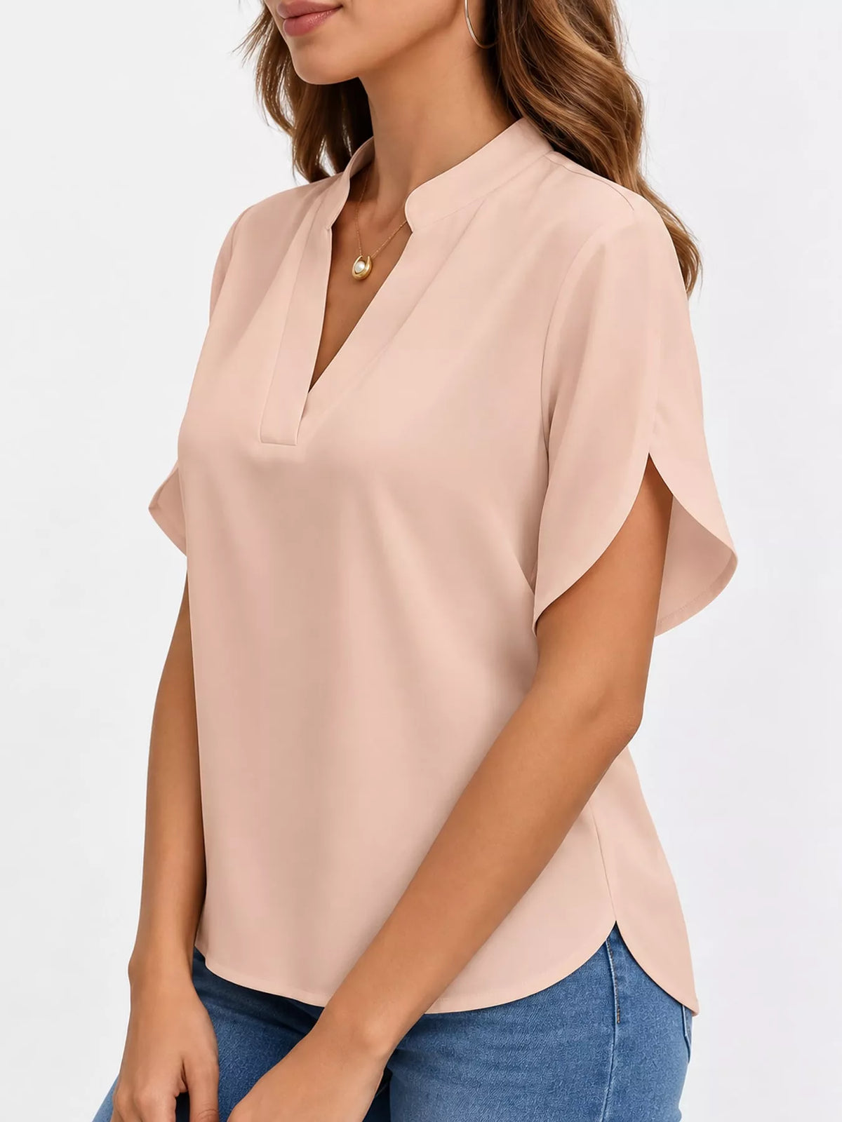 Women's Notched Slit Short Sleeve Blouse in peach — side view