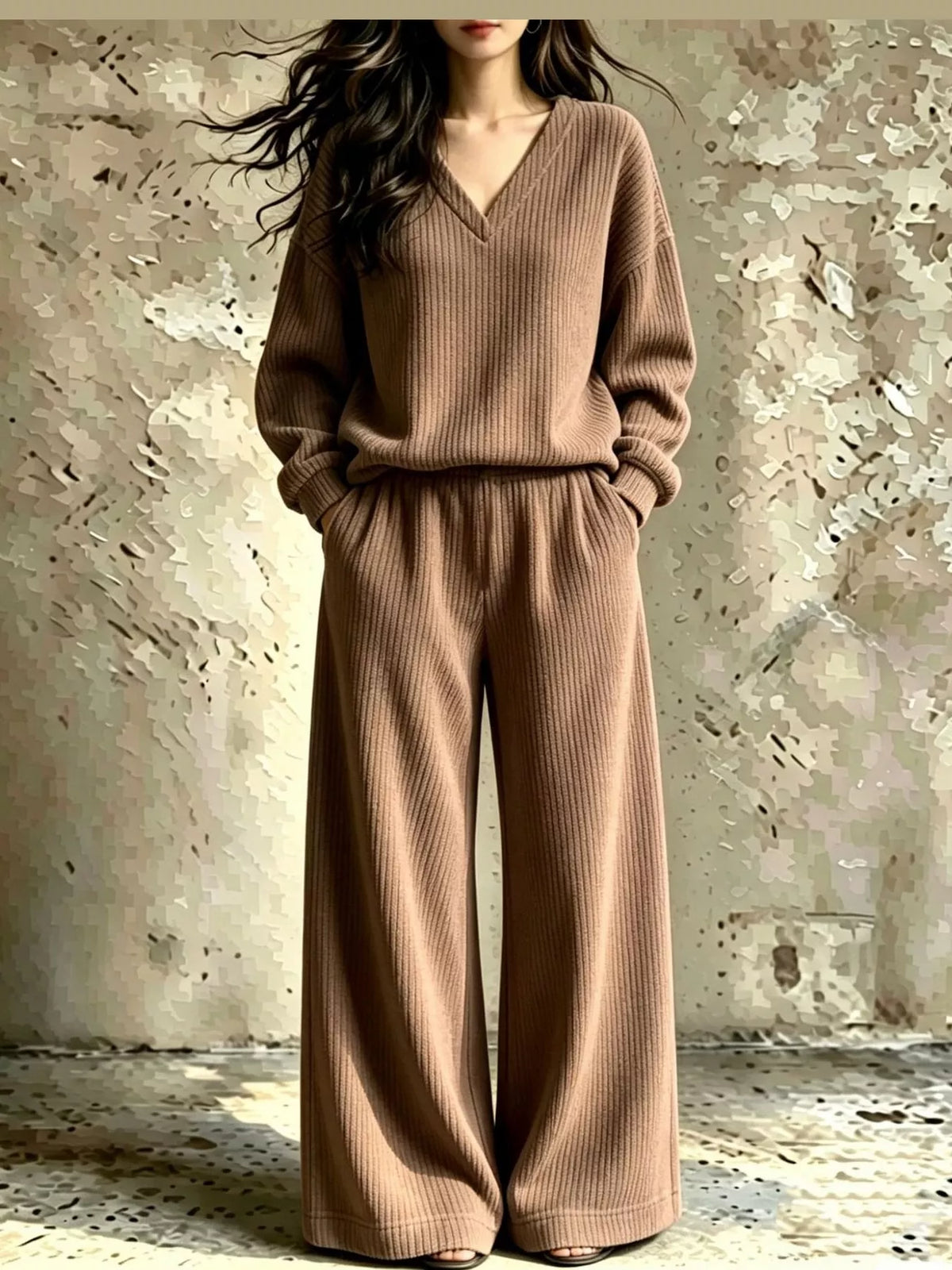 Brown corduroy v-neck top and pants set — front view