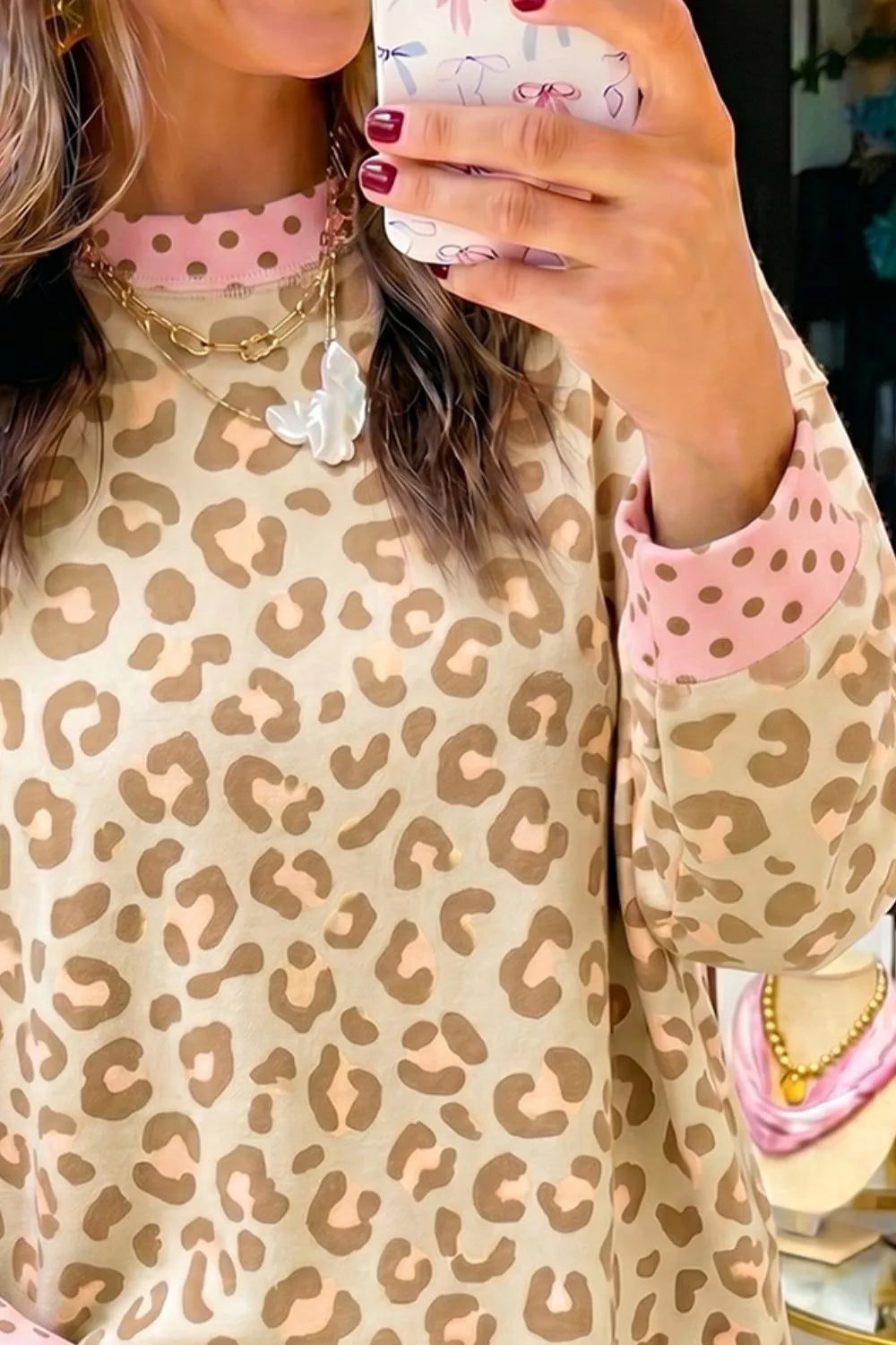 Trendsi Leopard Print Sweatshirt with Polka Dot Accents -