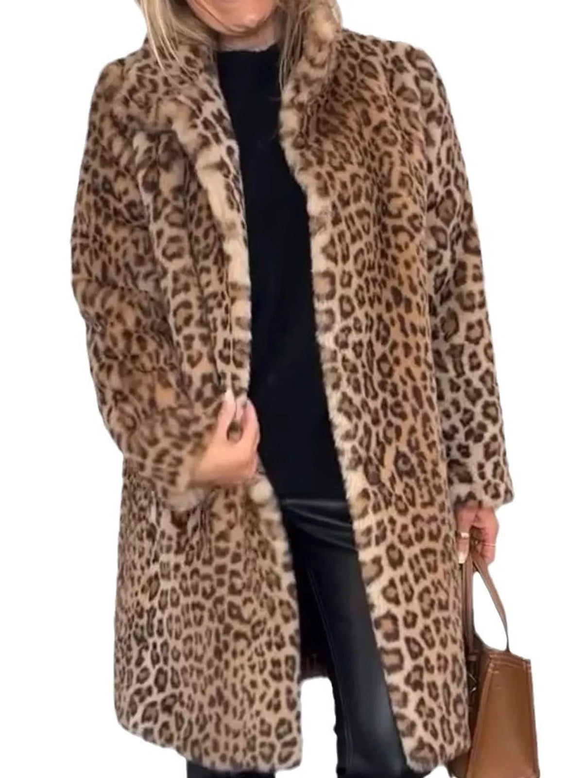 Open Front Leopard Print Faux Fur Jacket — front view