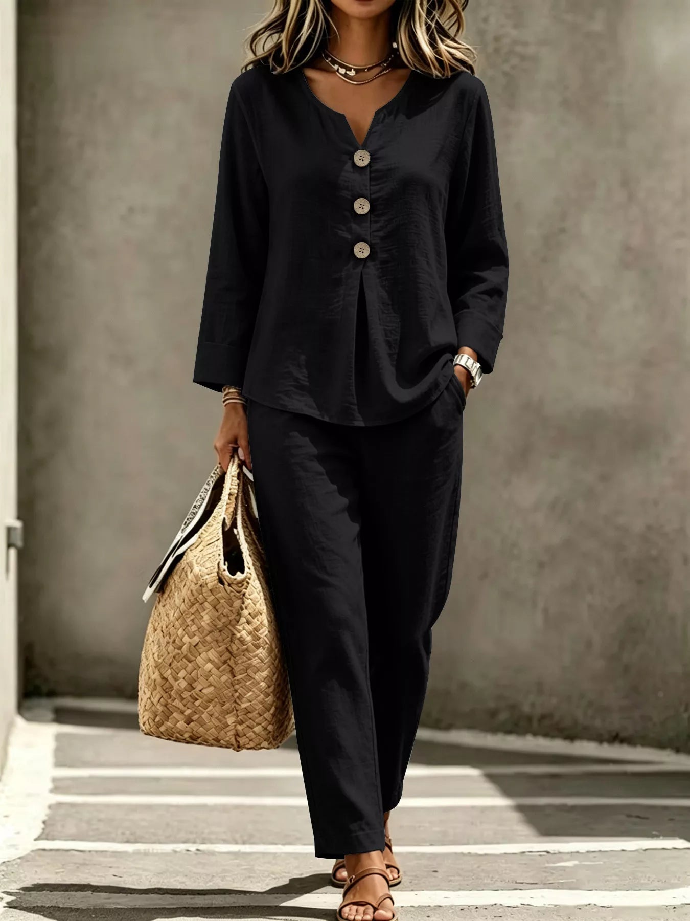 Trendsi Button Detail Long Sleeve Top and Pants Set -