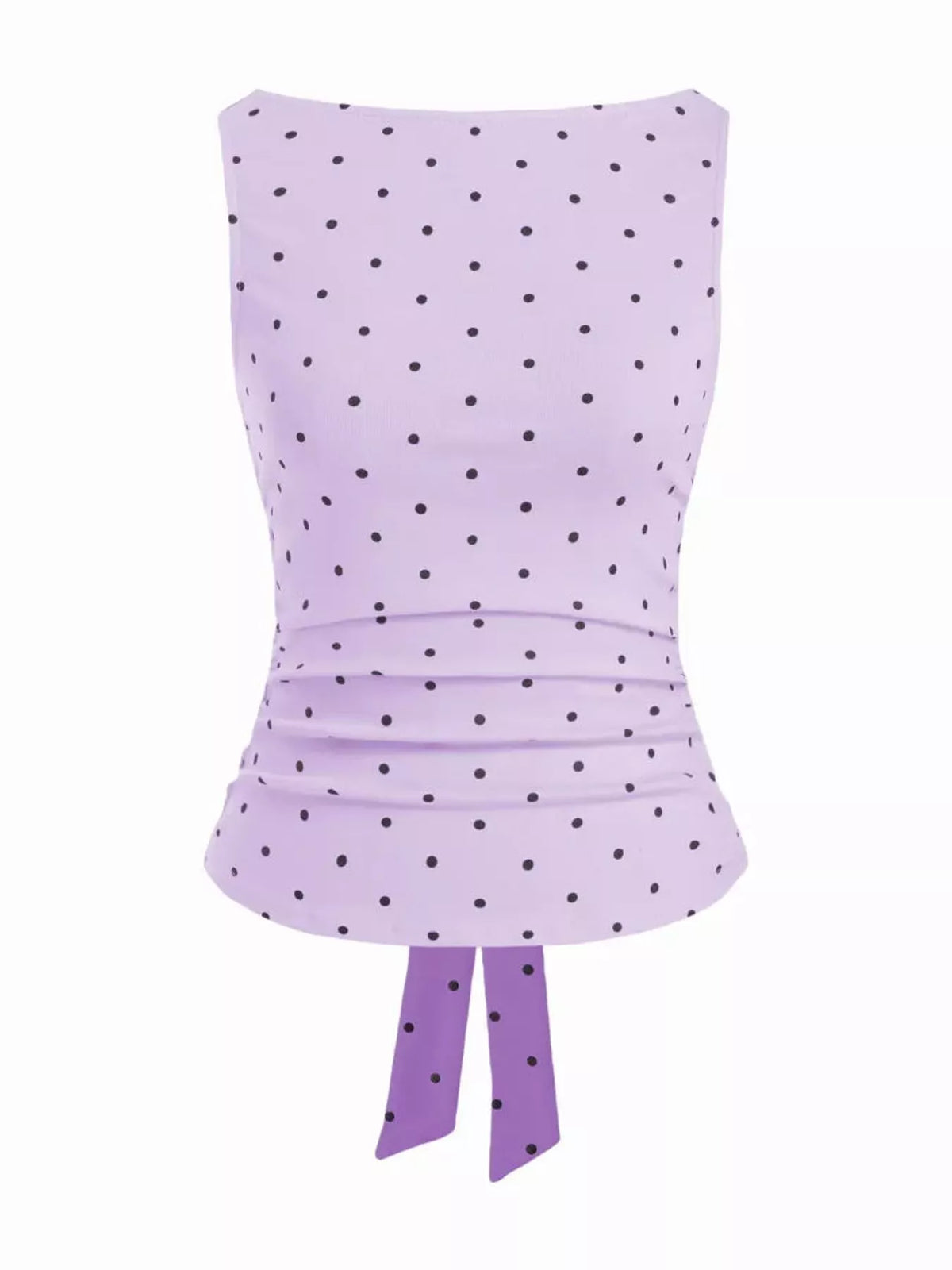 Polka Dot Print Sleeveless Tank Top with Tie Back in light purple and black