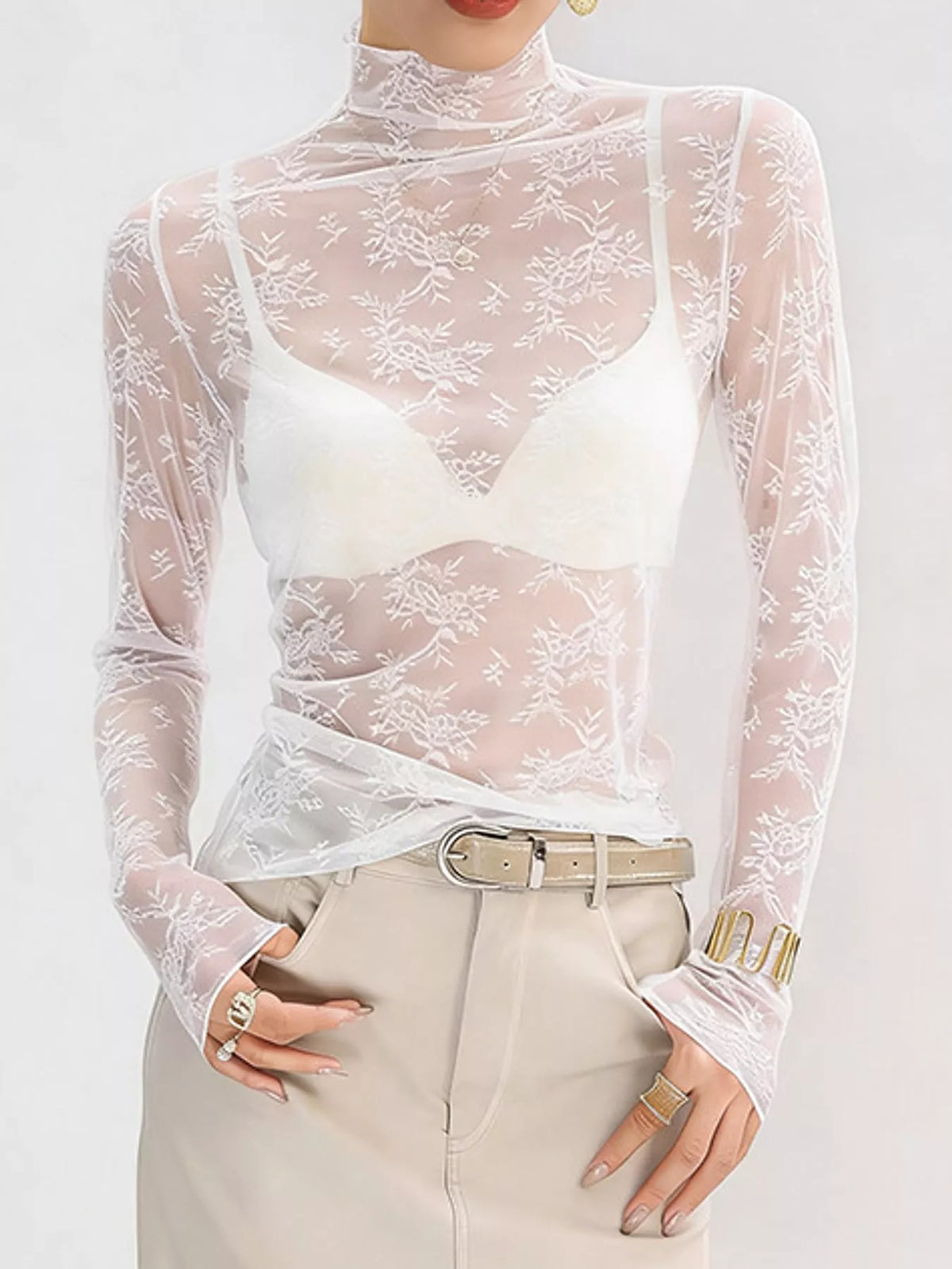 White sheer floral lace mock neck blouse