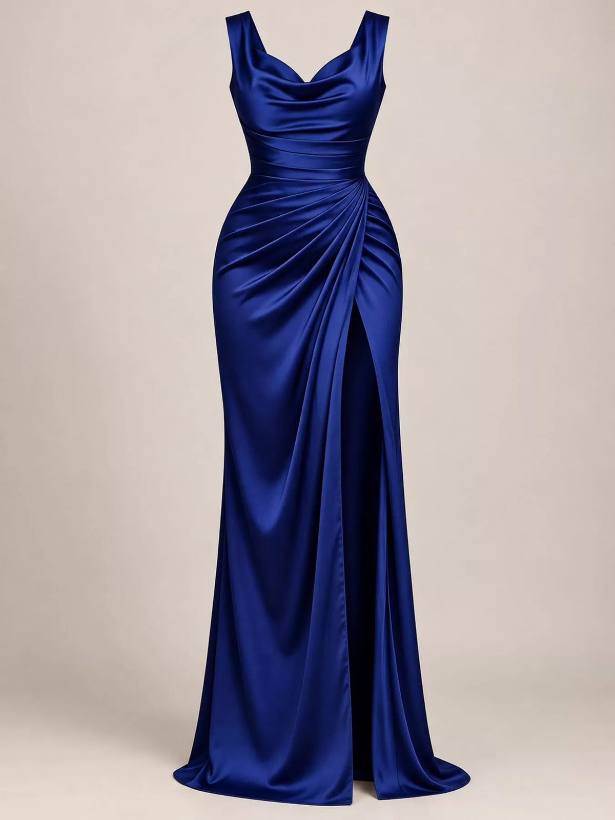 Royal blue satin cowl neck high slit maxi dress, front view