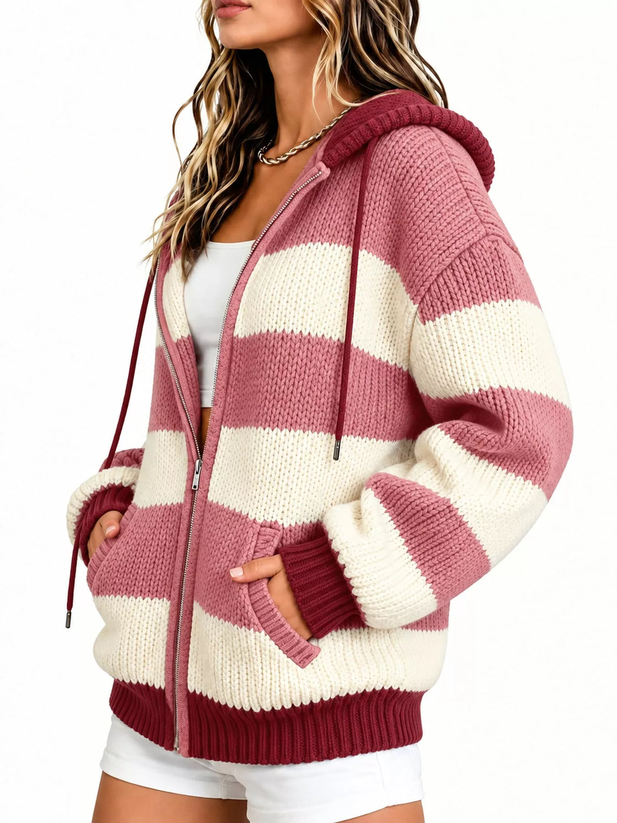 Hooded long sleeve cardigan, side view