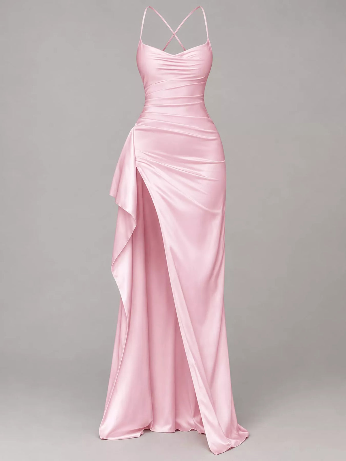 Pink satin ruched high slit maxi dress, front view