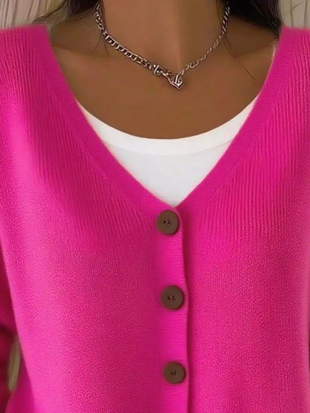 Women's V-Neck Button-Down Knit Cardigan in hot pink — front view