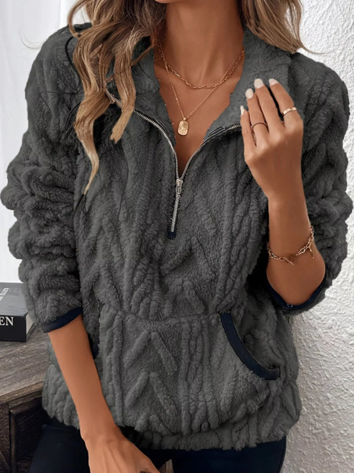 Women's Quarter-Zip Sherpa Sweatshirt in charcoal — front view