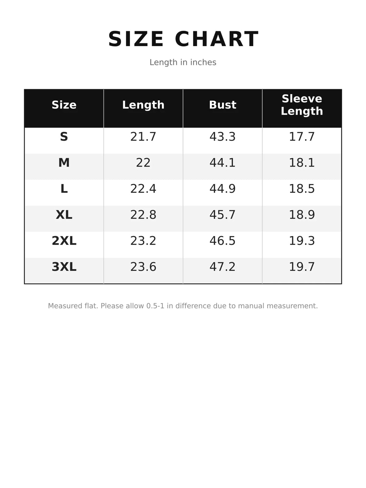 Size chart for cable-knit round neck sweater