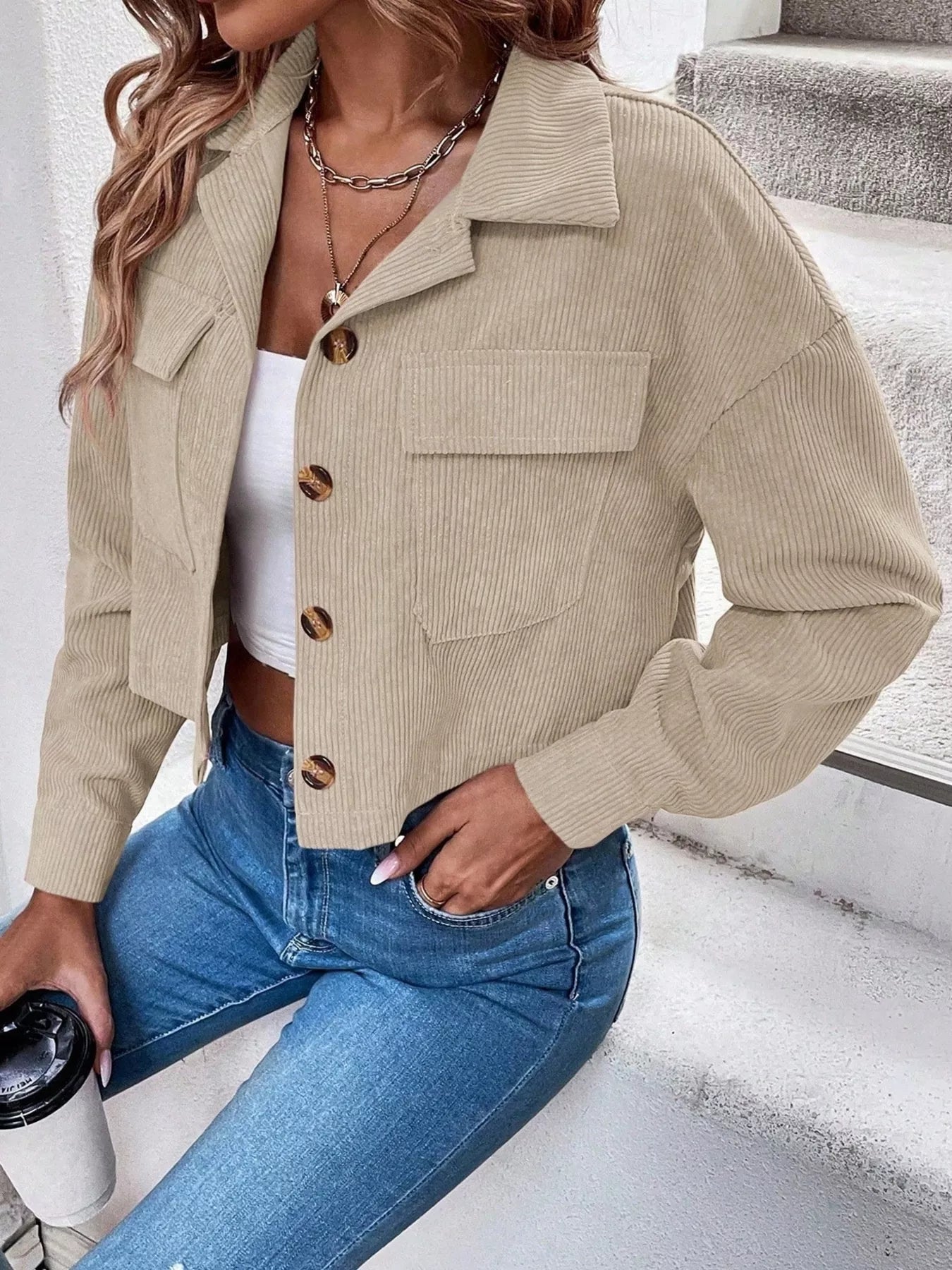 Trendsi Cropped Corduroy Button-Down Jacket -