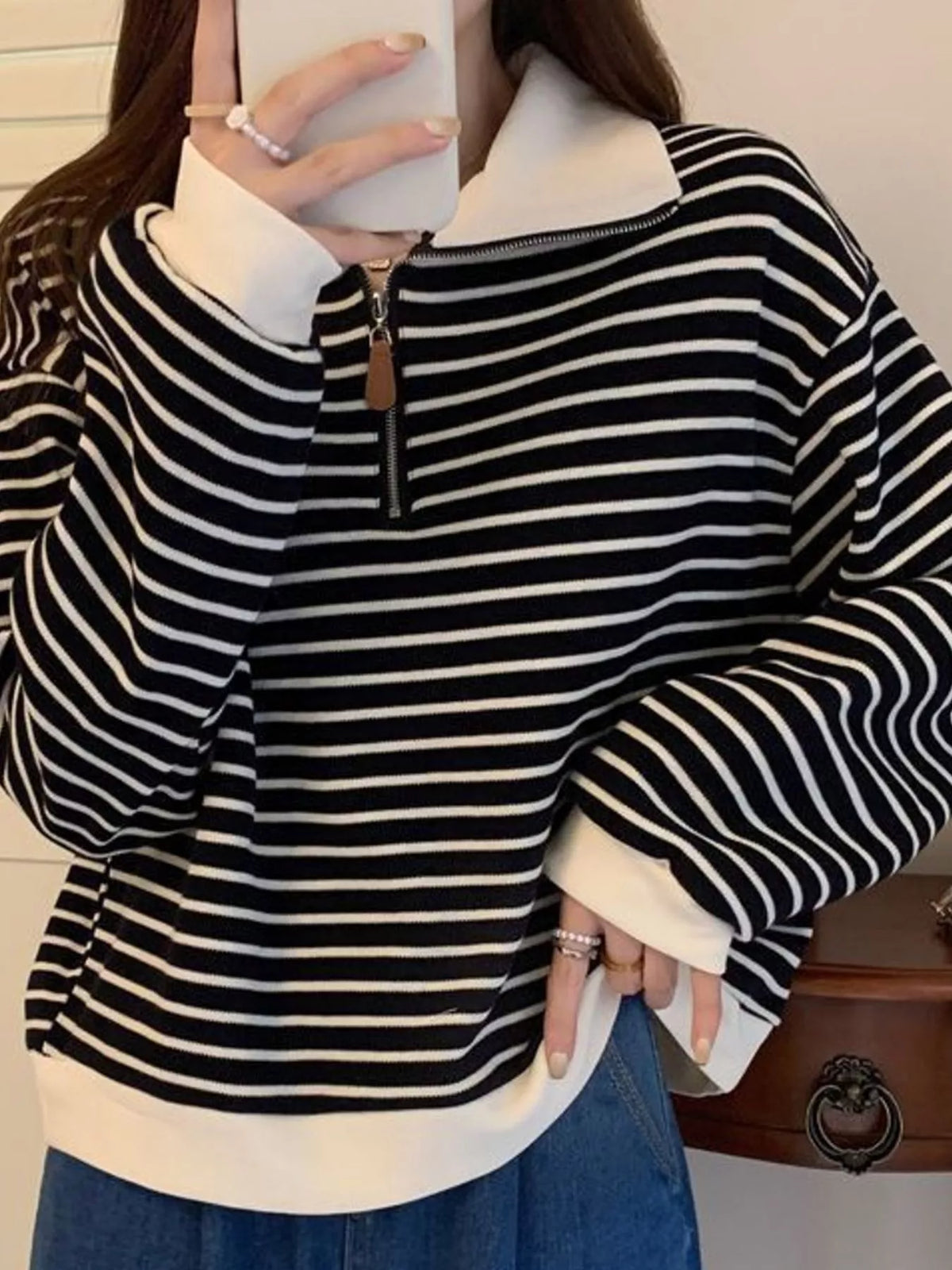 Striped Quarter-Zip Pullover Sweatshirt, detail view in black and cream