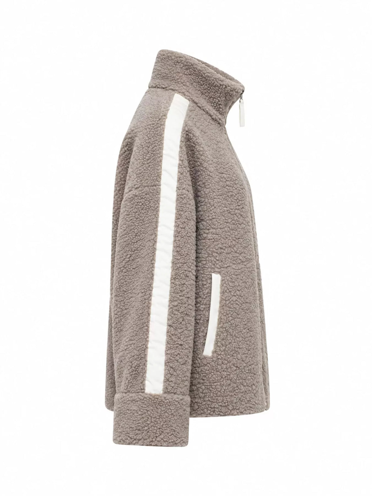 Taupe sherpa zip-up jacket, side view