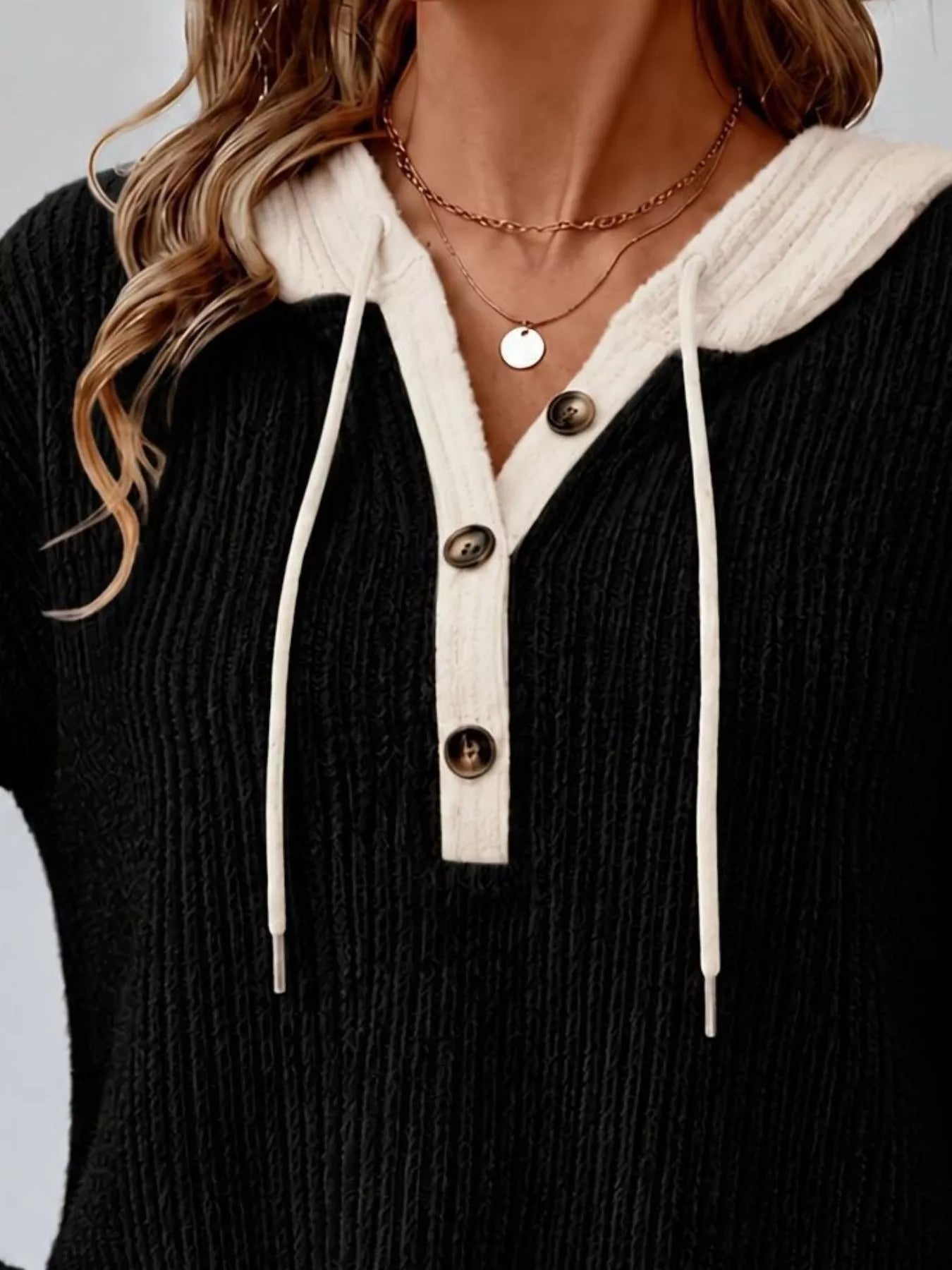 Trendsi Full Size Drawstring Button Detail Hooded Sweater Plus Size -