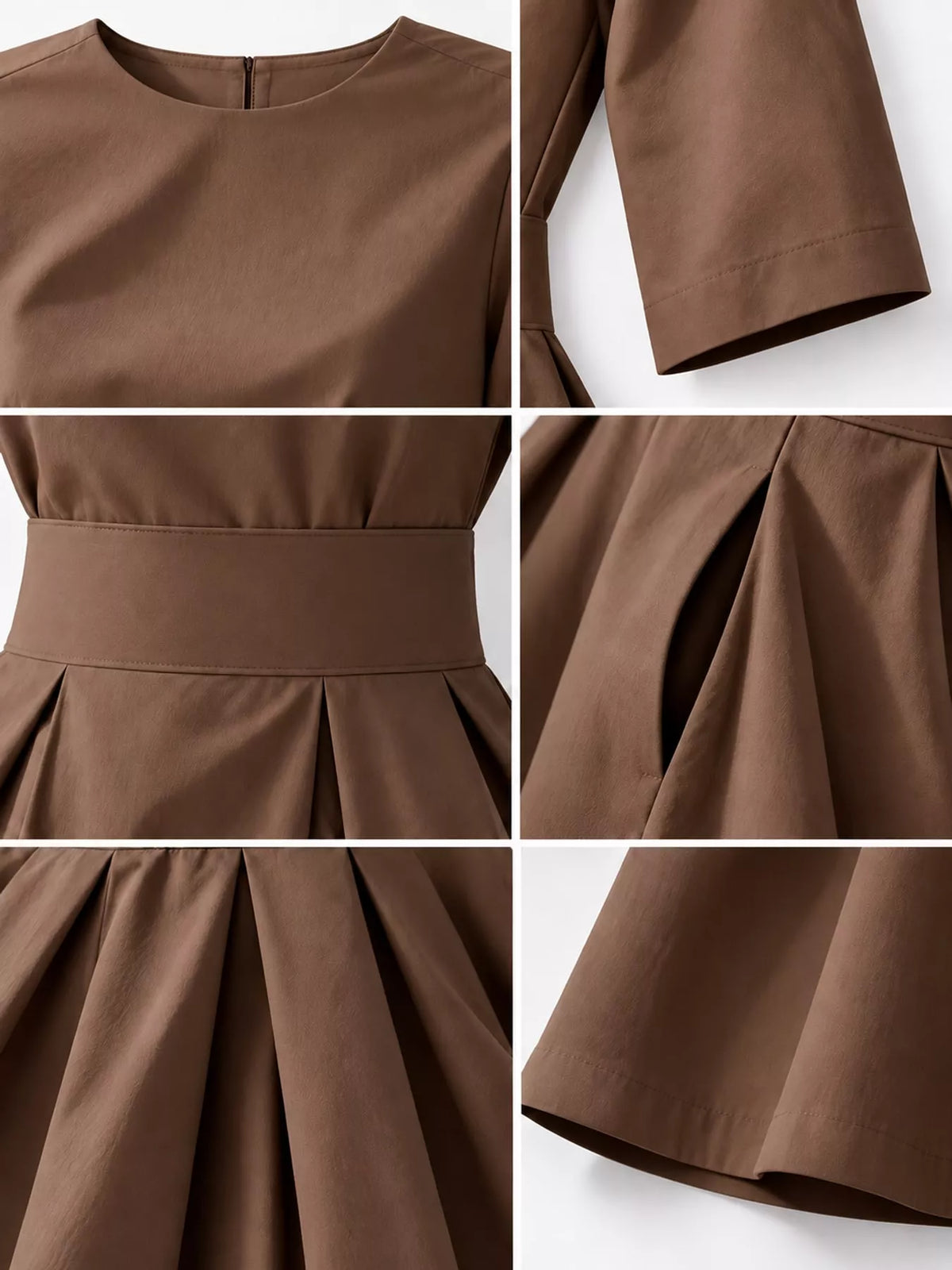 Round neck short sleeve midi dress, construction and design details
