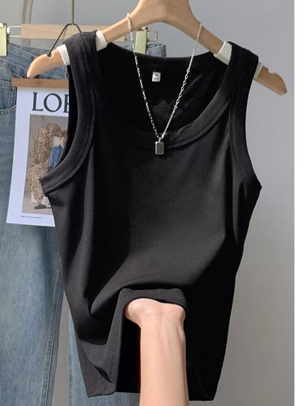 Black scoop neck tank top, front view