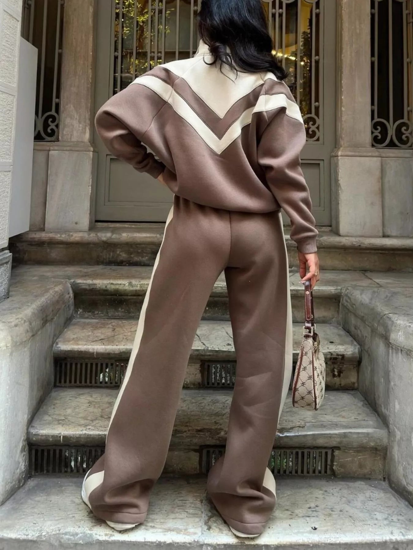 Trendsi Color Block Zip-Up Outerwear and Pants Set -