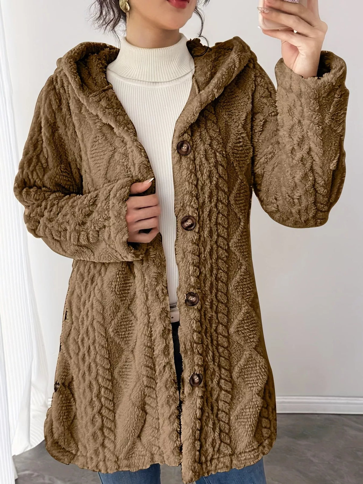 Camel cable knit faux fur hooded jacket