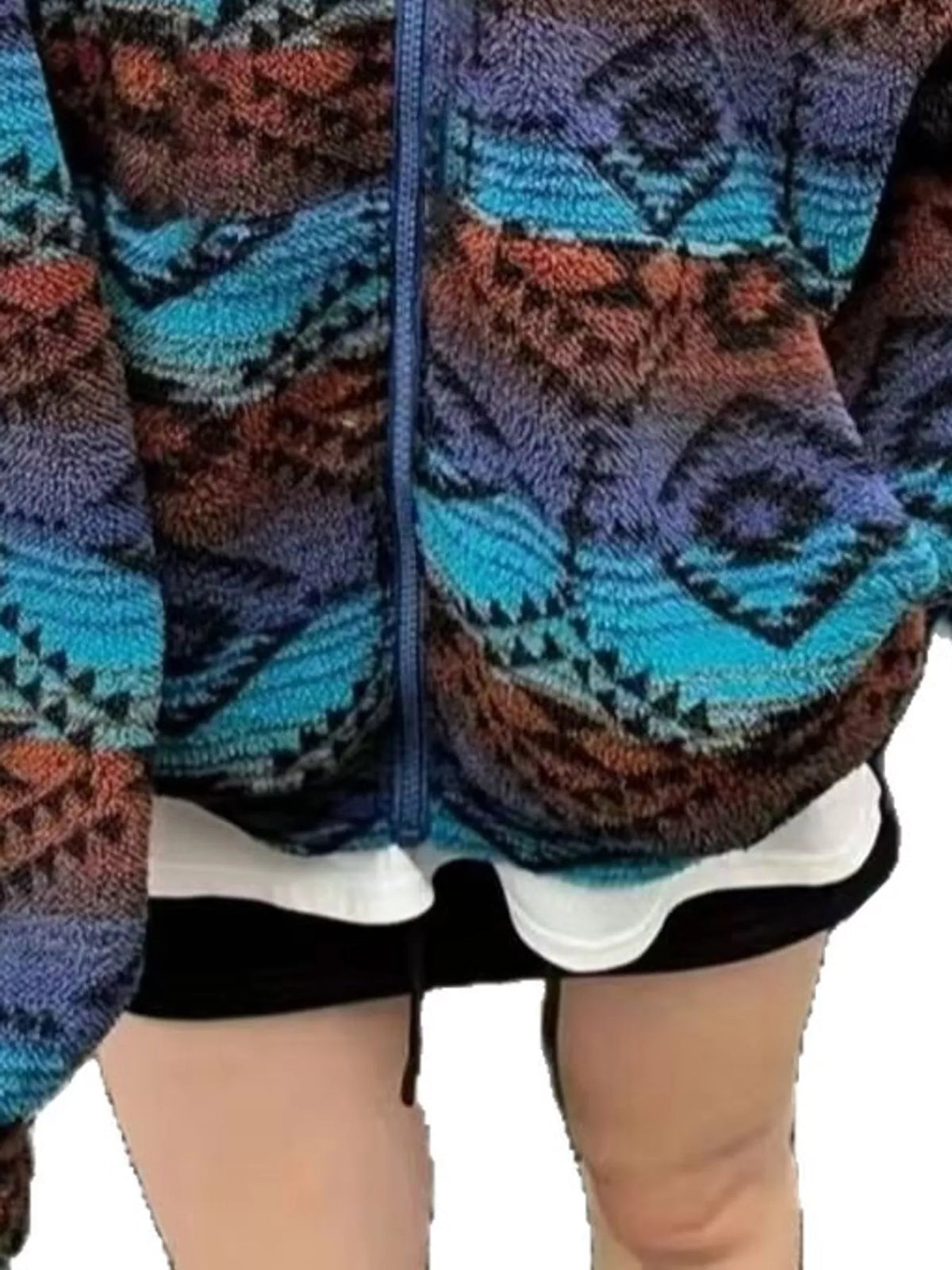 Geometric Pattern Fleece Zip-Up Jacket in blue-single piece jacket, construction detail