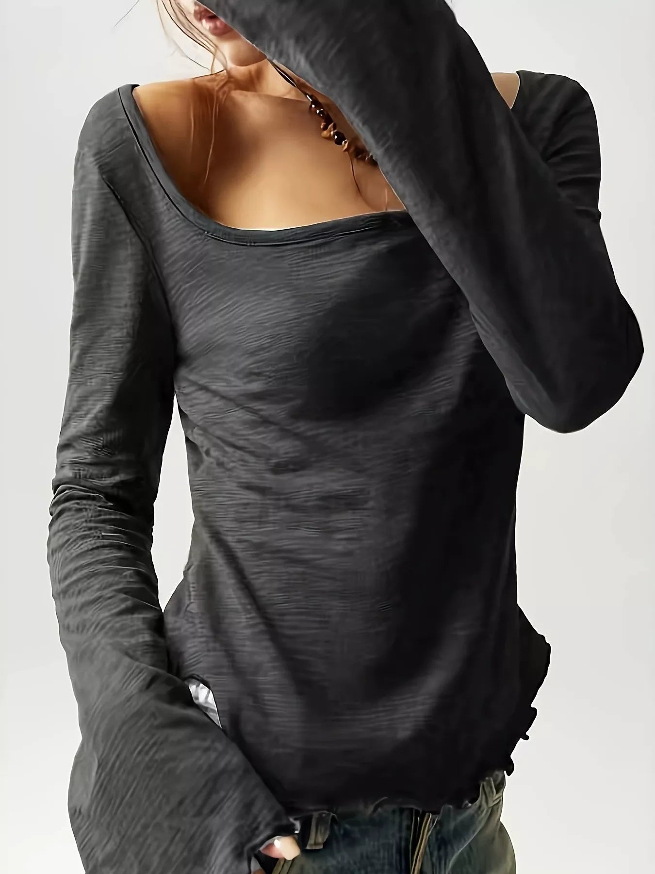 Women's long sleeve square neck slim-fit T-shirt