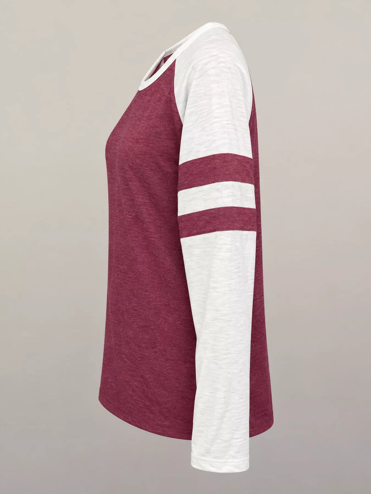 Burgundy color-block raglan sleeve striped t-shirt, side view