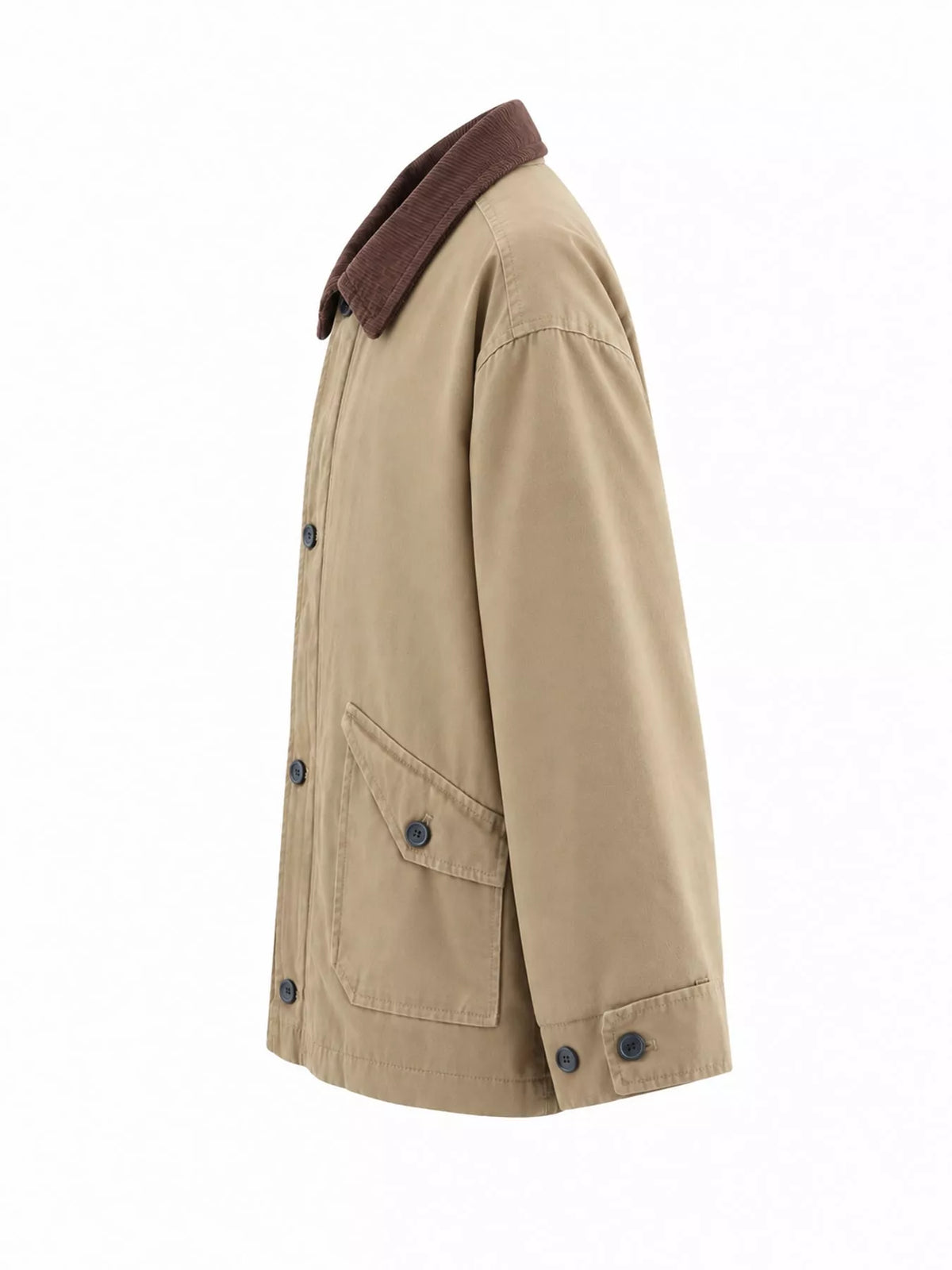 Tan contrast corduroy collar button-up jacket — side view
