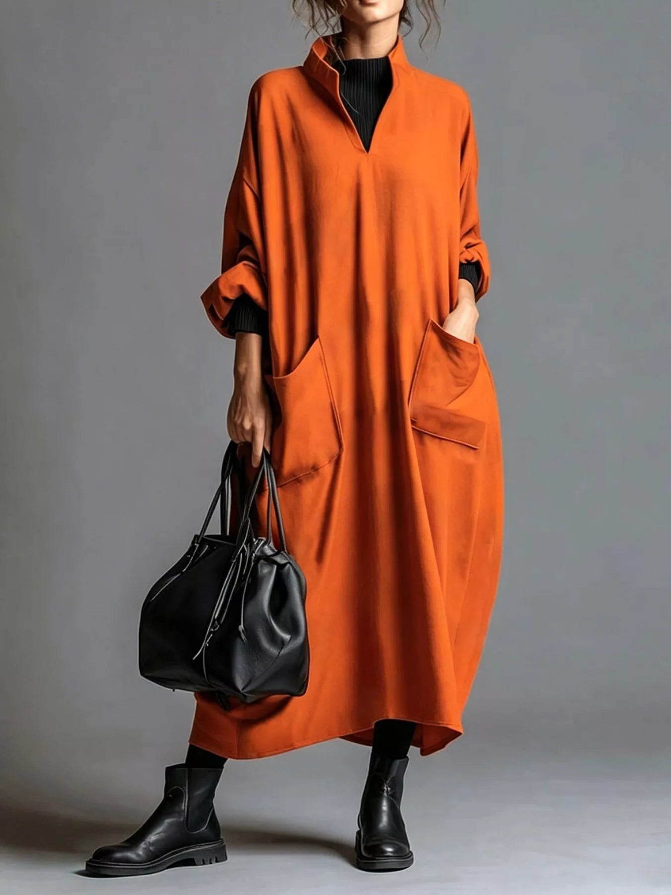 Trendsi Full Size Loose-Fit Mock Neck Midi Dress with Pockets Plus Size -