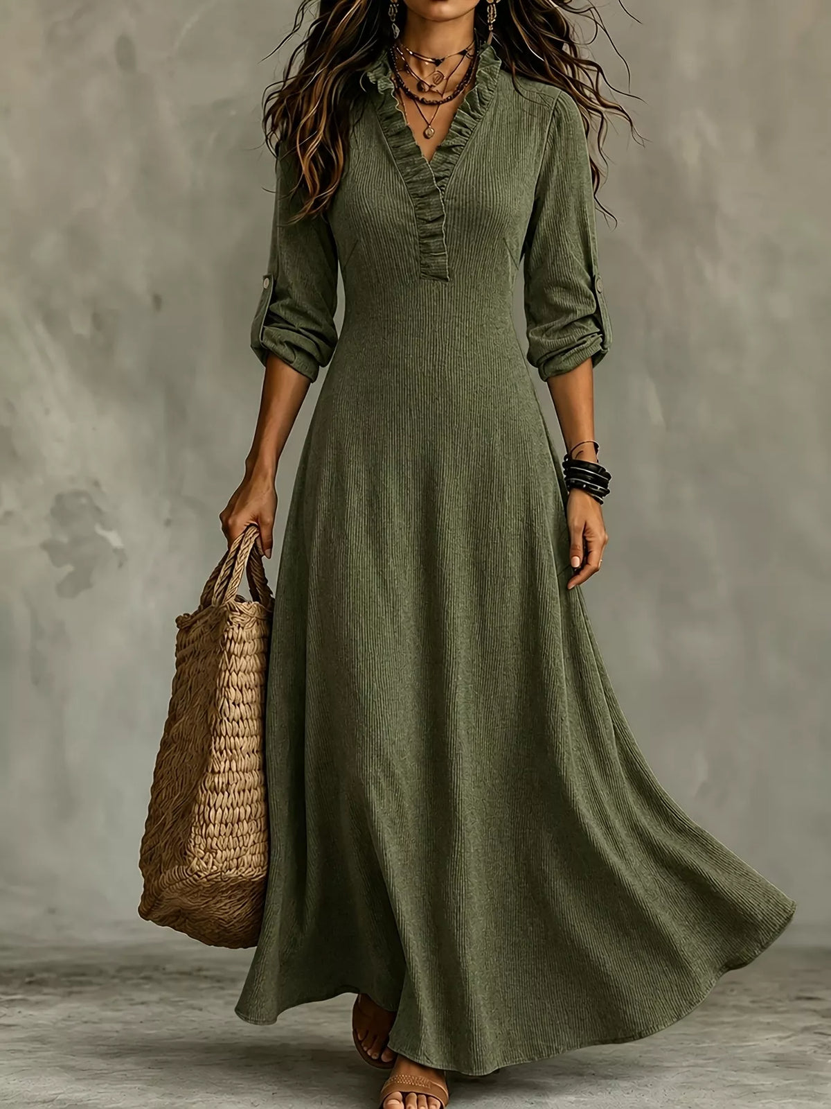 Olive green V-neck maxi dress, front view with sleeves rolled