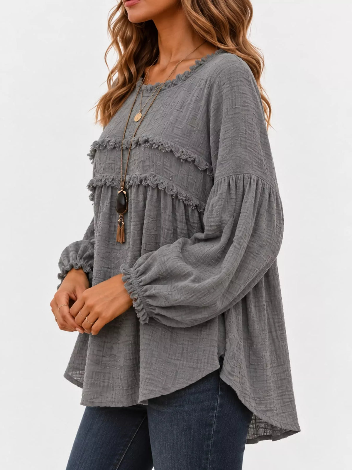 Gray textured frayed-trim peplum blouse