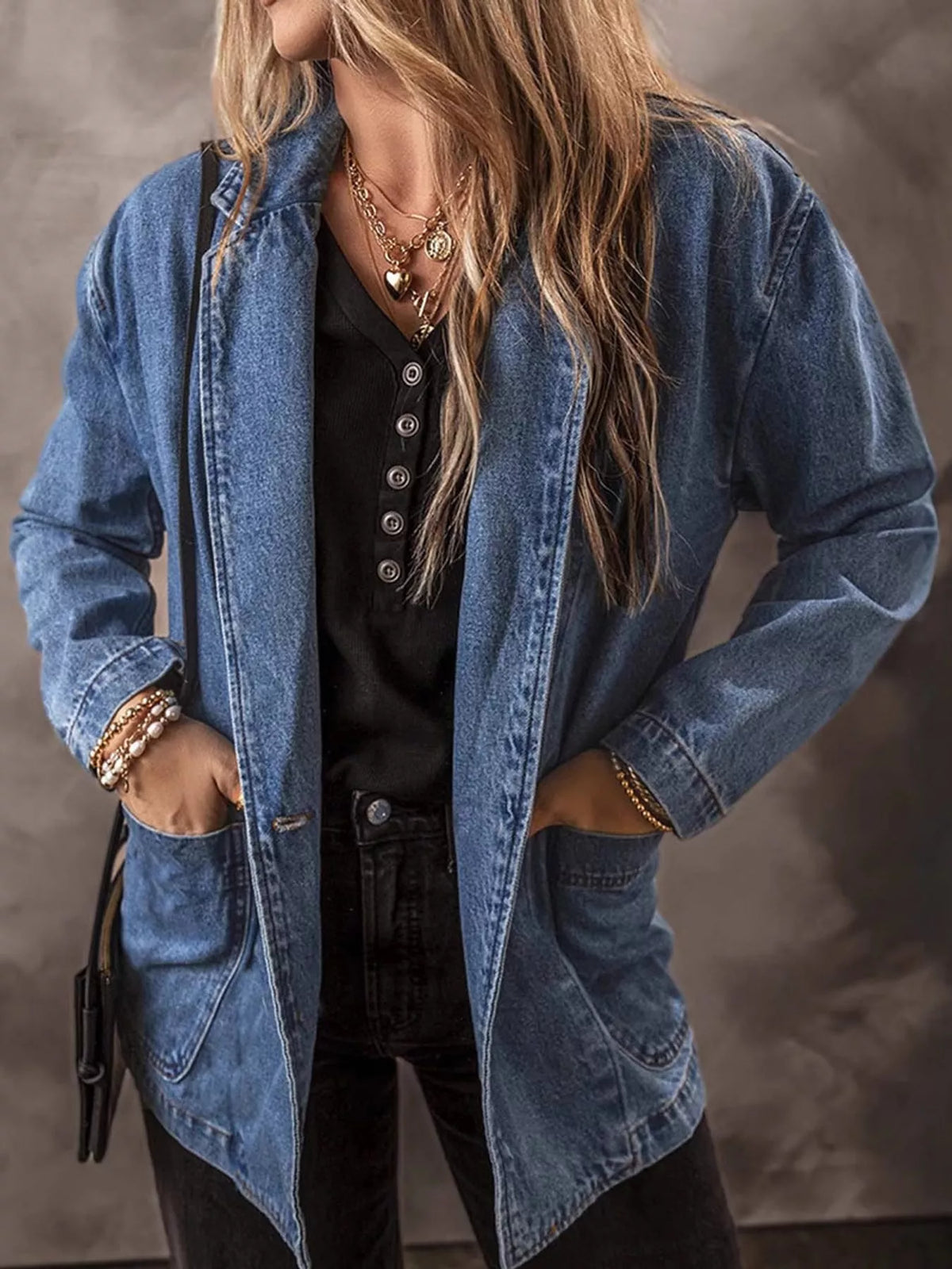 One-Button Denim Blazer Jacket, front view