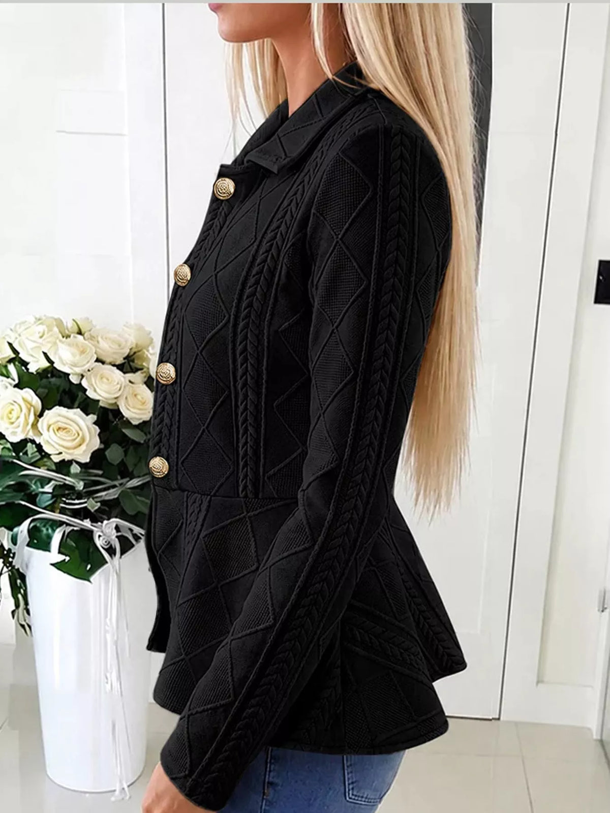 Black cable-knit button-up cardigan — side view