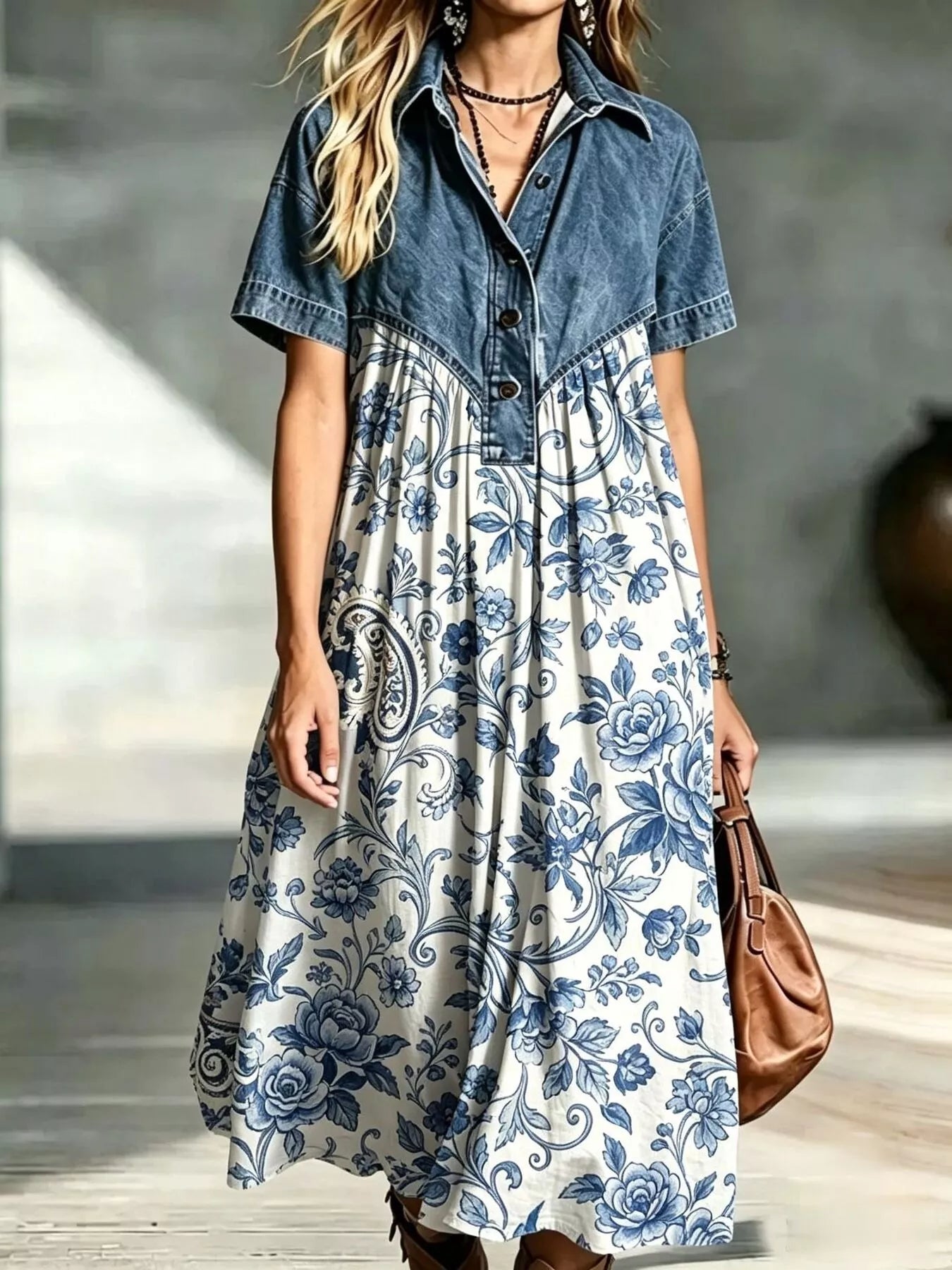 Trendsi Full Size Denim Patchwork Printed Shirt Dress Plus Size -