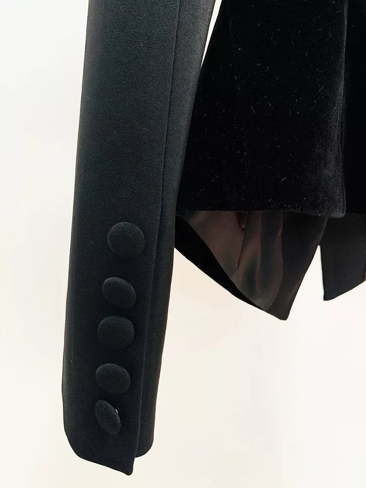 Black velvet-paneled blazer with stand-up collar, cuff buttons and lining