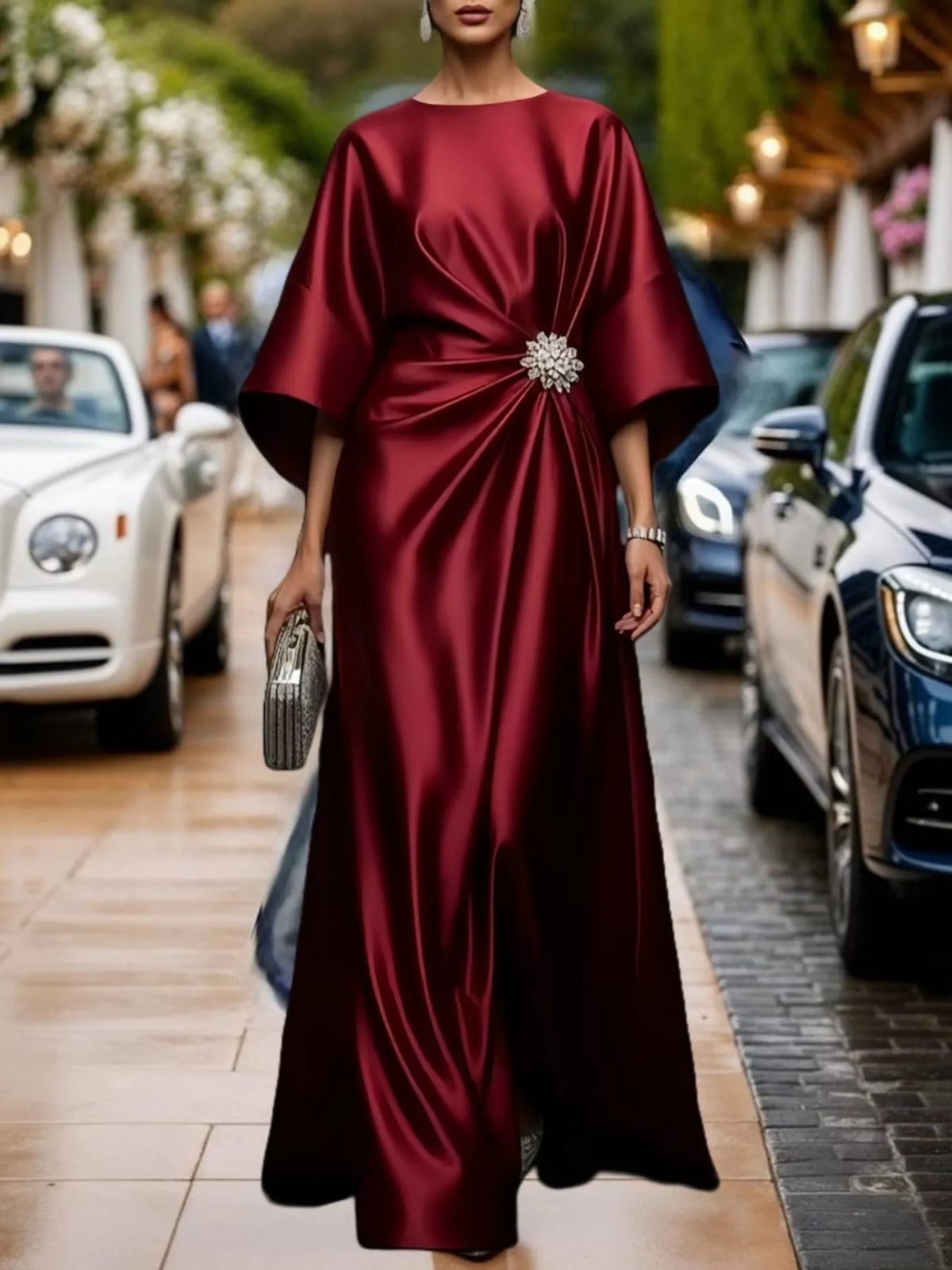 Red satin draped brooch evening dress