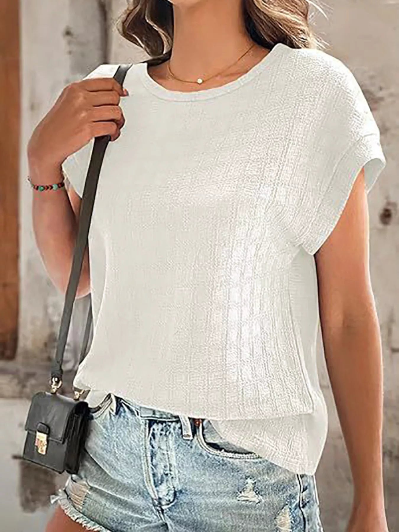 Trendsi Textured Round Neck Short Sleeve Top -