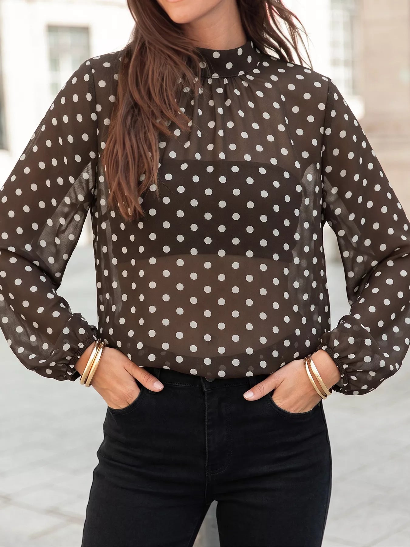 Trendsi Polka Dot Mock Neck Long Sleeve Blouse -