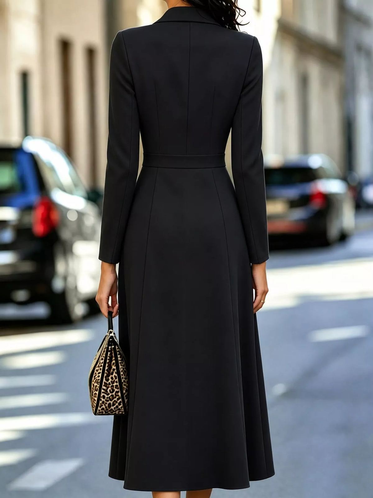 Black double-breasted lapel collar midi dress — back view