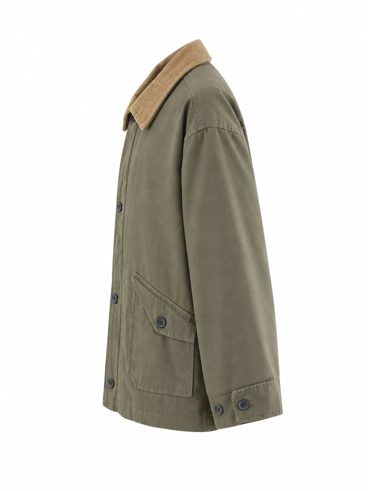Olive contrast corduroy collar button-up jacket — side view