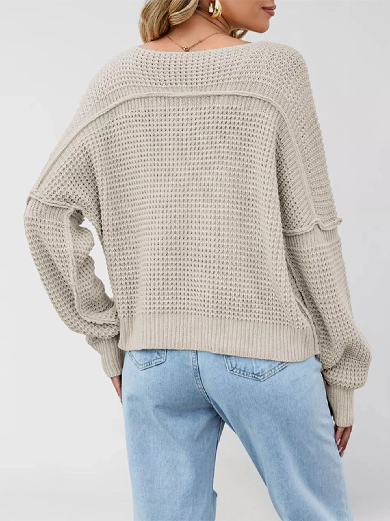 Trendsi Waffle Knit Dropped Shoulder Sweater -
