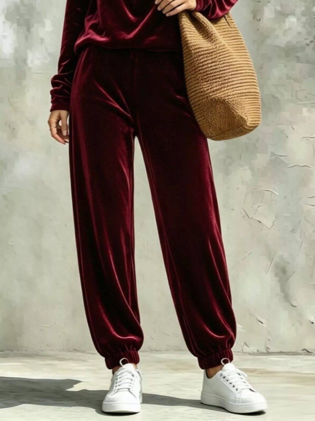 Burgundy velvet cowl neck top and pants set, pants detail