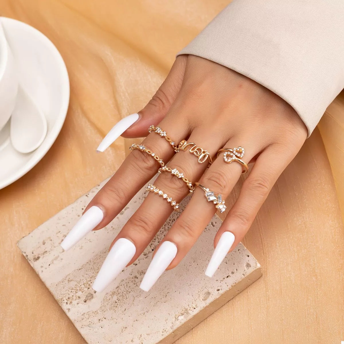 Trendsi 7 Piece 18K Gold-Plated LOVE Zircon Ring Set -