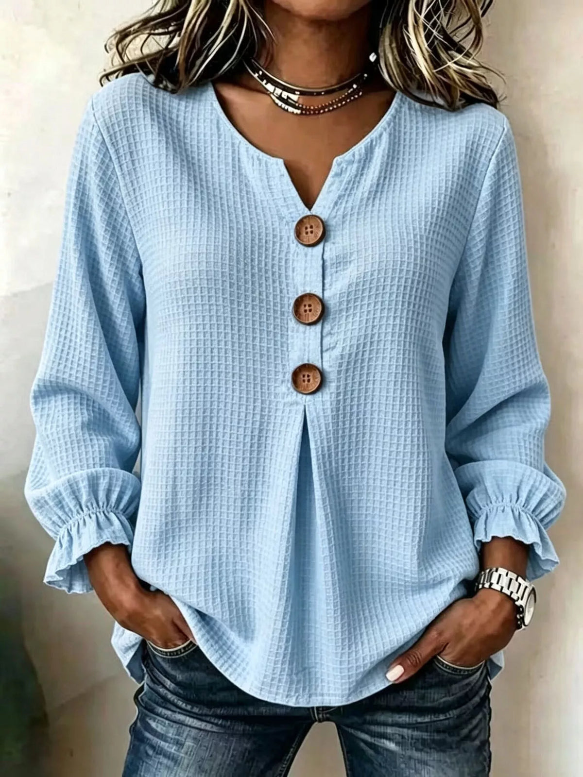 Waffle-knit long sleeve top