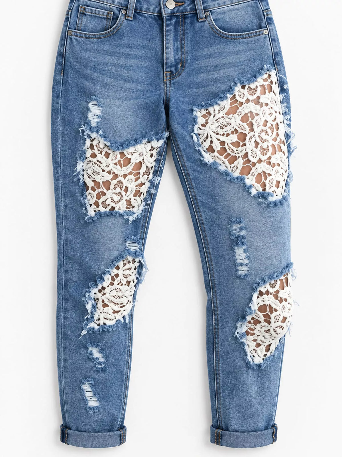 Distressed Lace Skinny Jeans in blue, front view