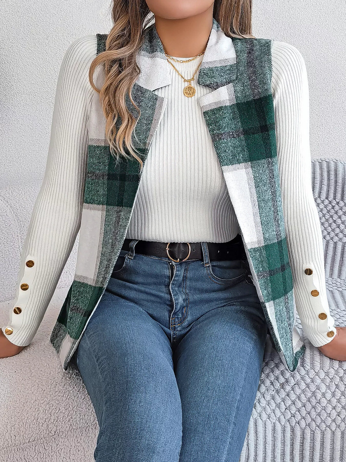 Green plaid open front vest