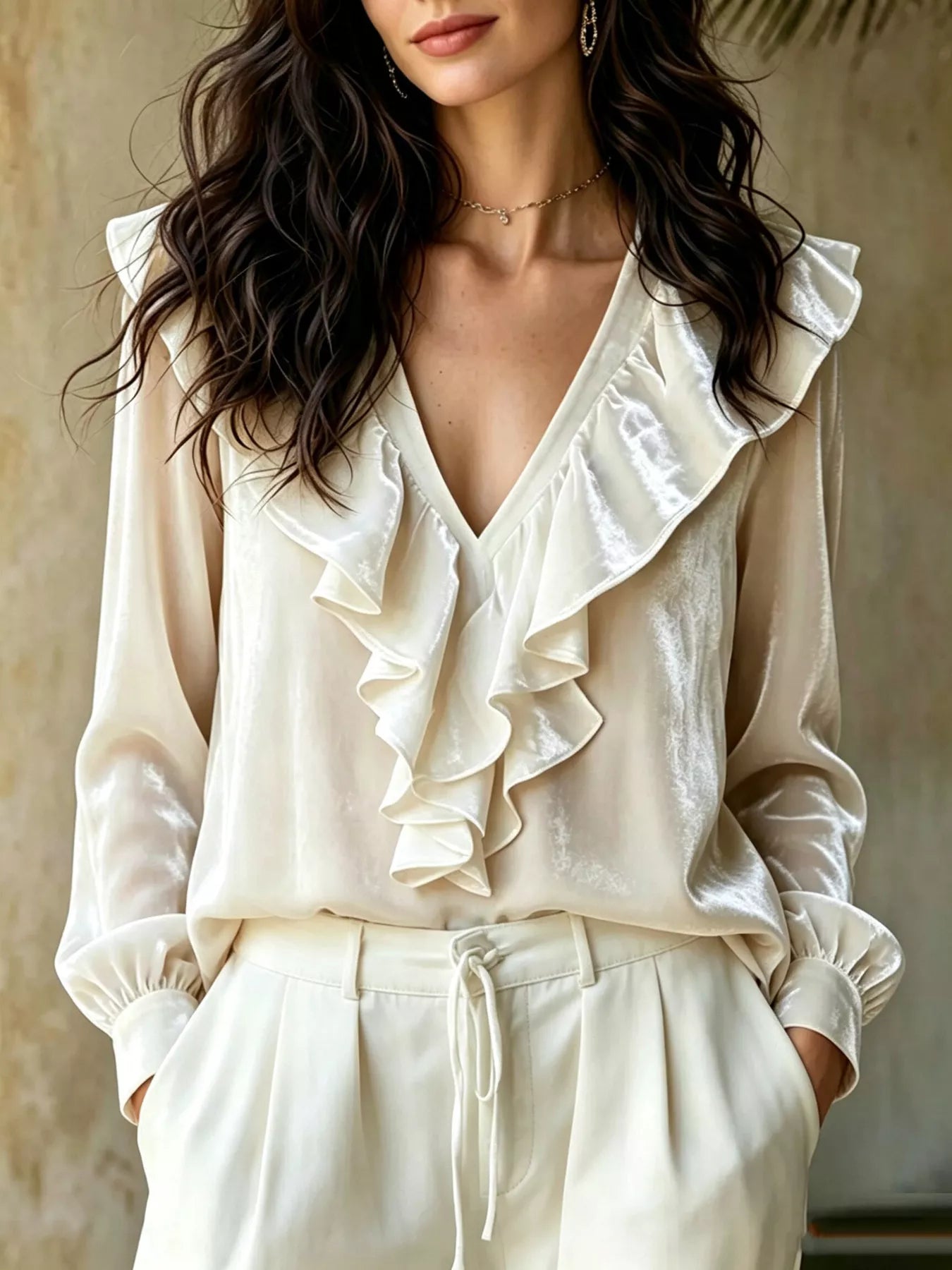 Trendsi Ruffled V-Neck Long Sleeve Blouse -